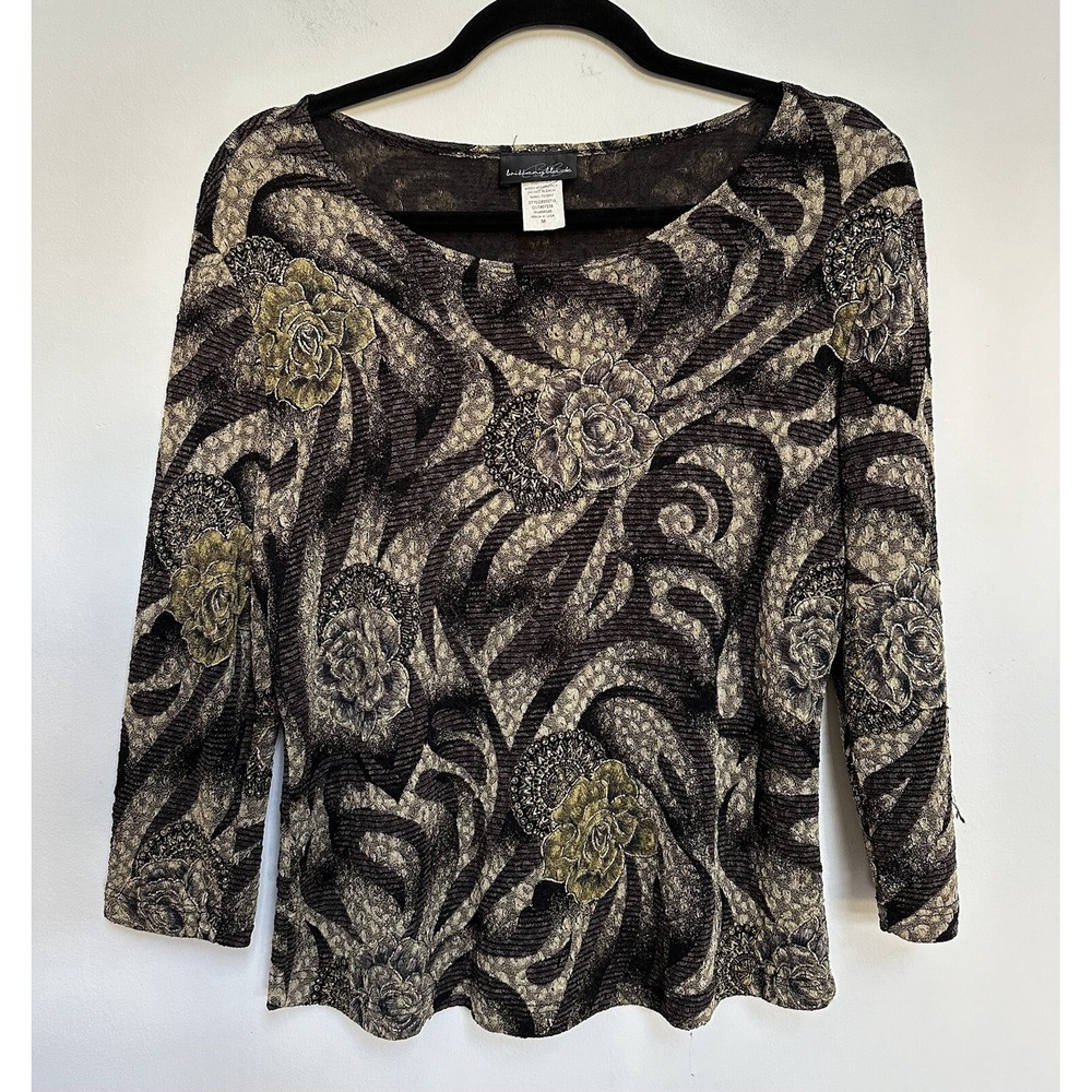 Vtg Y2K 90s Sheer Floral Paisley Top M Boho Grunge Stretch Long Sleeve Neutral